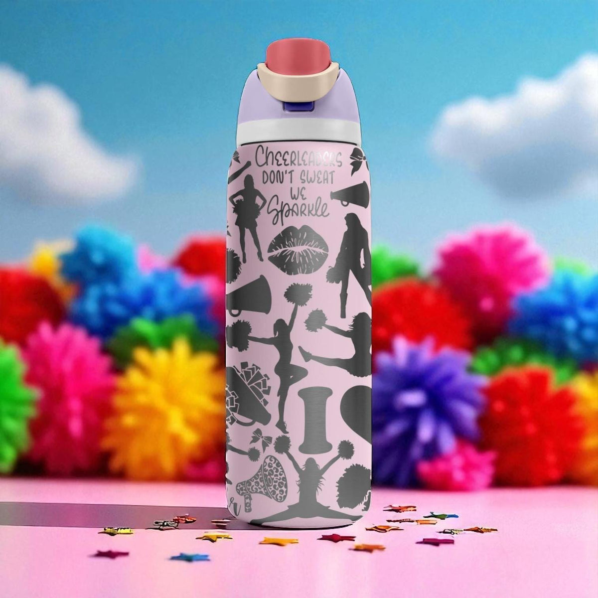 Cheerleader Engraved Owala Bottle – 16oz 24oz 32oz 40oz Pink Pom Pom Tumbler – Cheer Team Personalized Gift