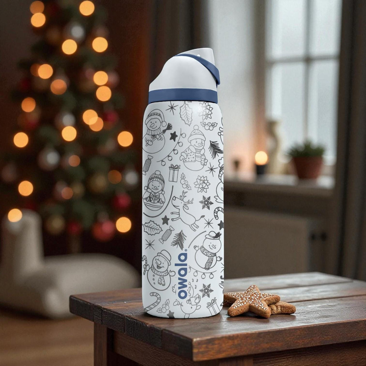 Engraved Christmas Owala Bottle – Cute Holiday Doodle Pattern with Snowmen, Reindeer & Gifts – Festive Stainless Cup 16oz 24oz 32oz 40oz  ⸻