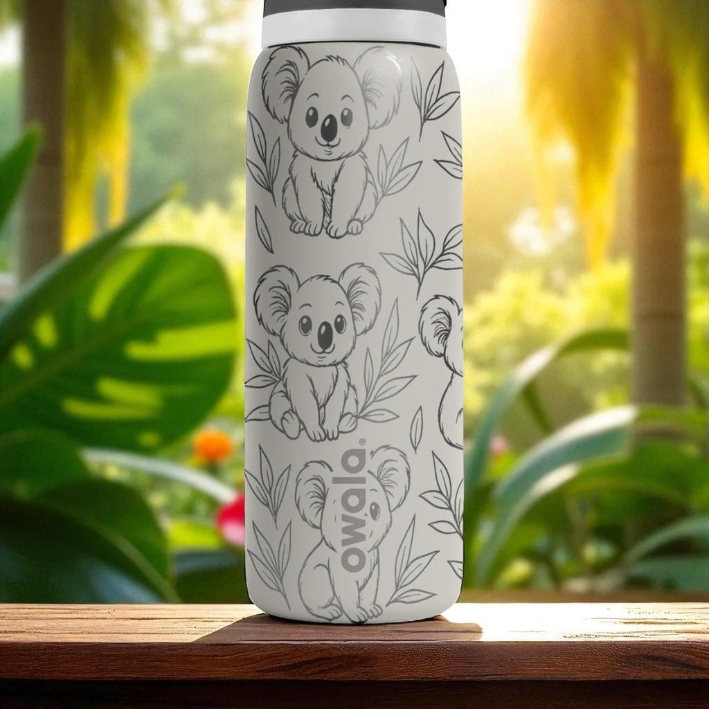 Engraved Koala Tumbler – Owala Water Bottle with Cute Koala and Leaves – Wildlife Engraving – 16oz 24oz 32oz 40oz