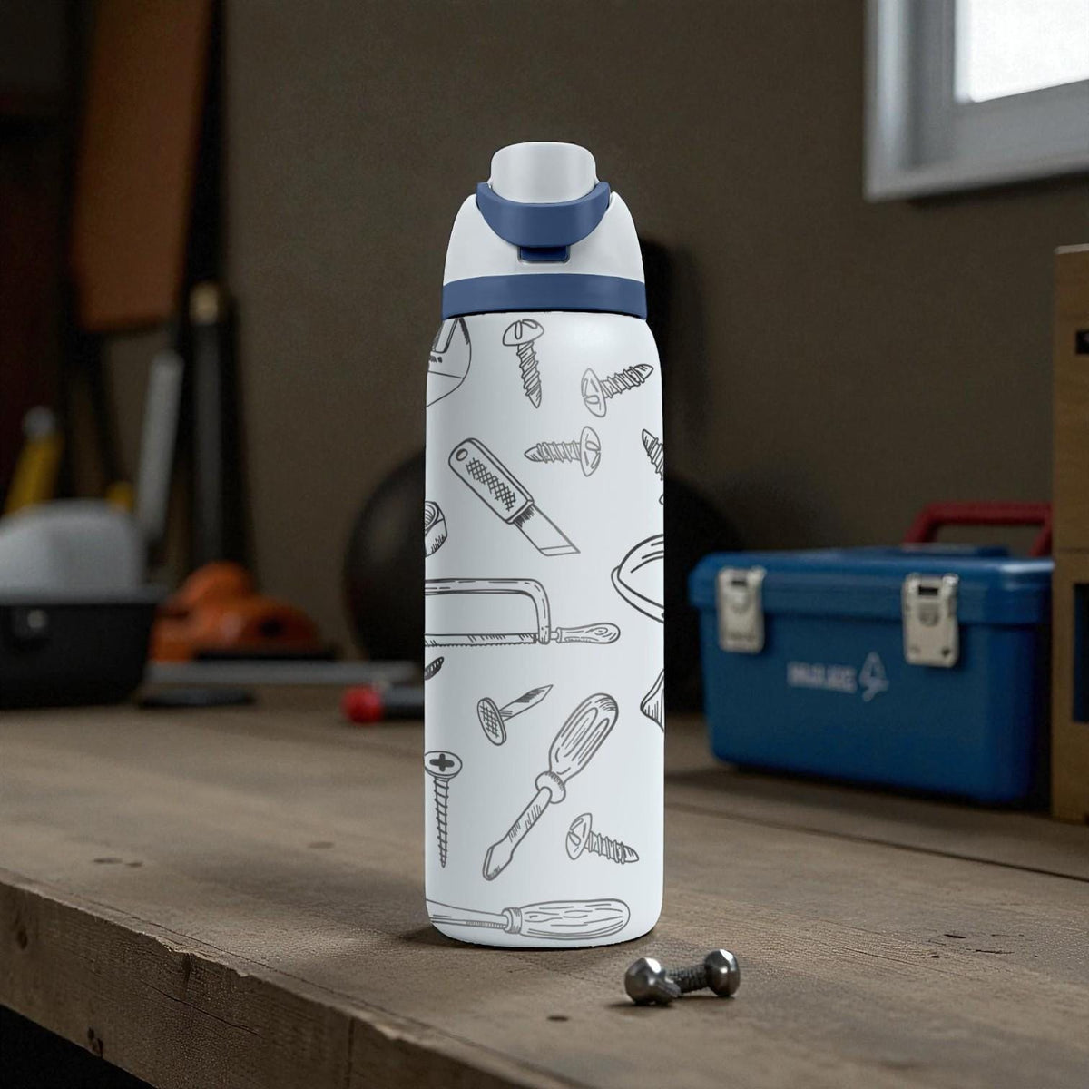 Handyman Tools Engraved Owala Bottle – Saw, Hammer, Drill, Screws & Hardware Pattern – Construction Gift Stainless Cup 16oz 24oz 32oz 40oz
