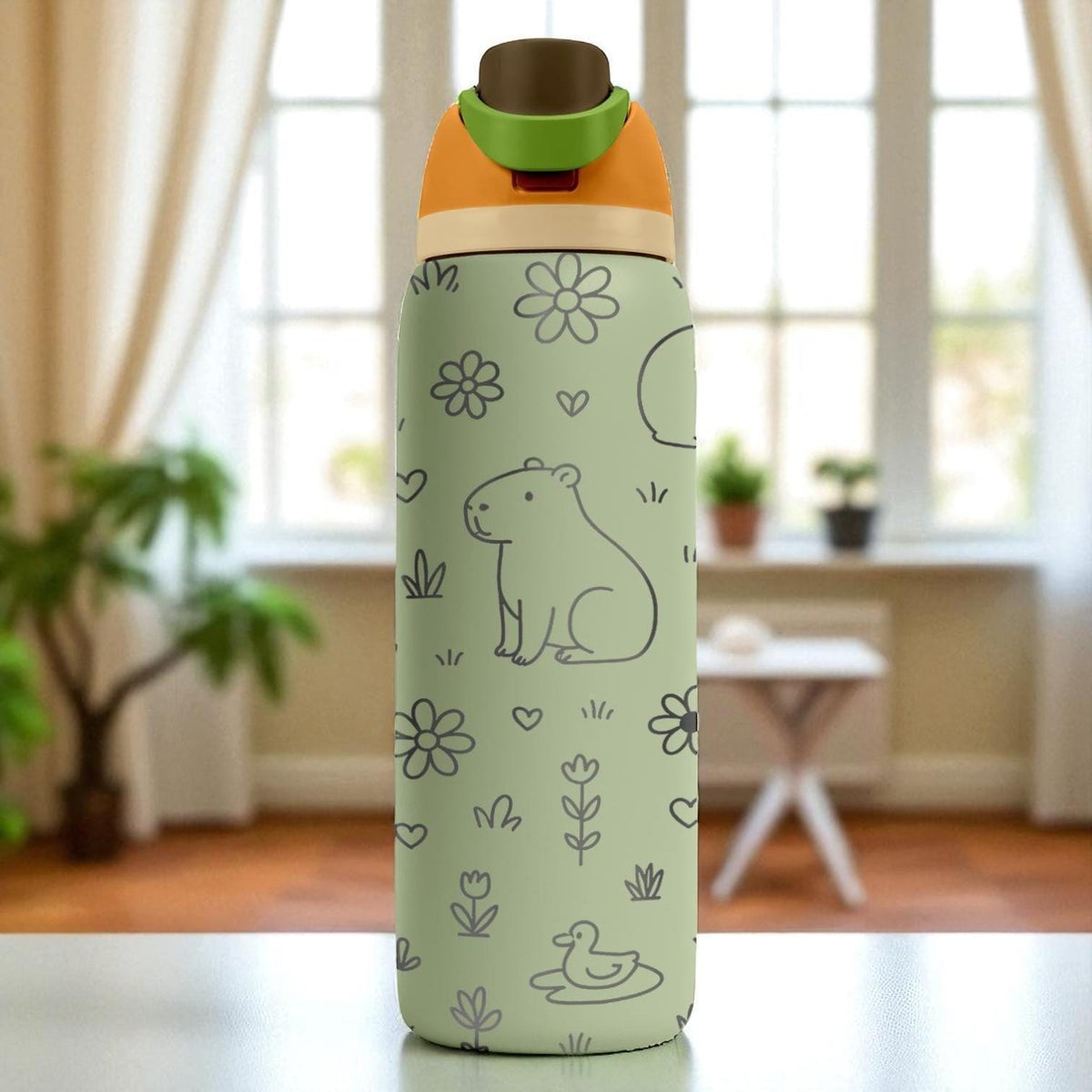 Engraved Capybara Water Bottle – Cute Owala Tumbler with Flowers and Ducks – 16oz 24oz 32oz 40oz Gift for Animal Lovers