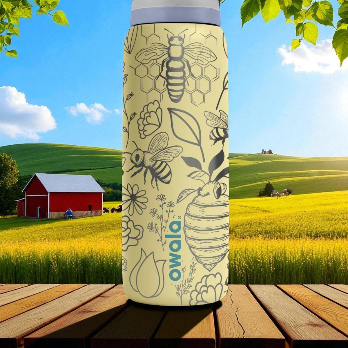 Bee and Flower Owala Bottle – Engraved Yellow Nature-Inspired Water Bottle – Honeycomb Floral Design 16oz 24oz 32oz 40oz