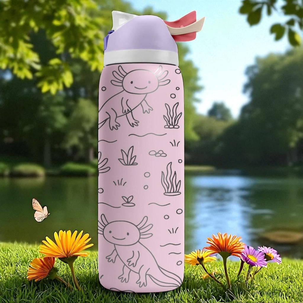 Engraved Axolotl Owala Bottle – Cute Pink Underwater Tumbler with Plants and Bubbles – 16oz 24oz 32oz 40oz