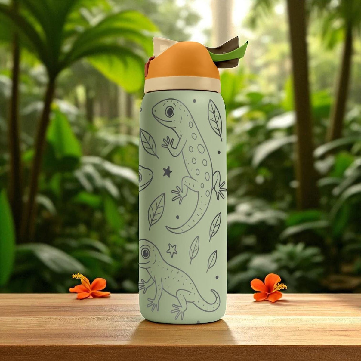 Engraved Chameleon Water Bottle – Owala Tumbler with Jungle Reptile Design – 16oz 24oz 32oz 40oz Gift for Nature and Lizard Lovers