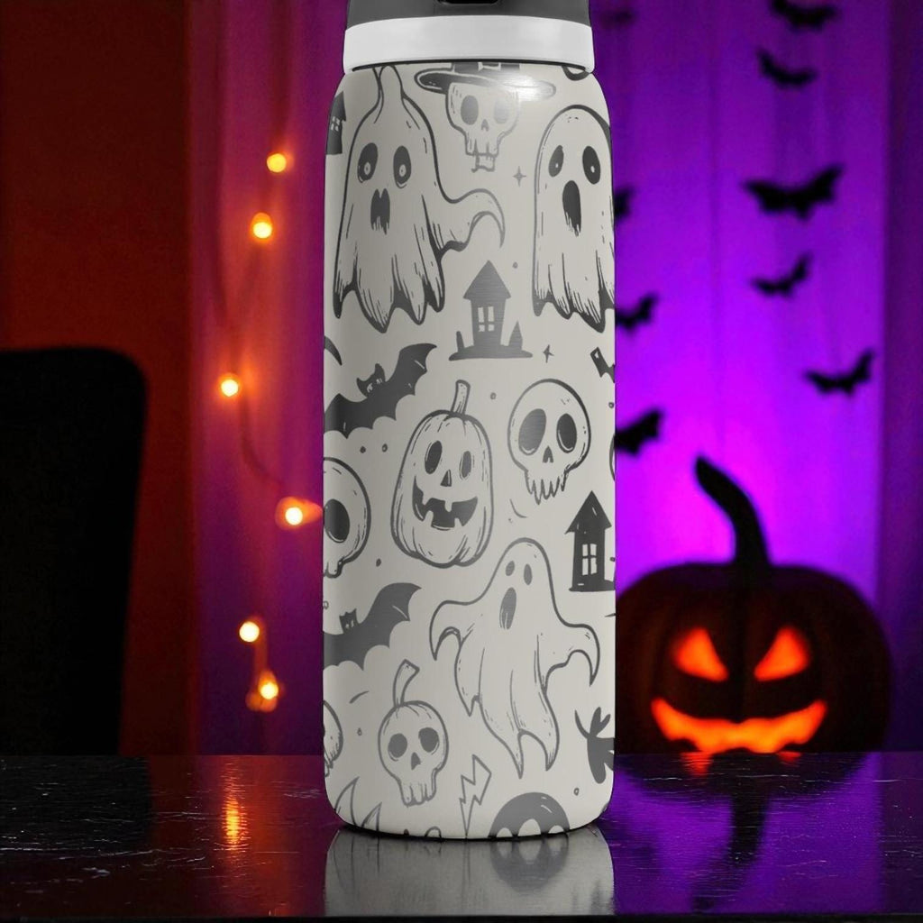 Engraved Halloween Tumbler – Owala Bottle with Ghosts, Bats and Skulls – Spooky Fall Water Bottle – 16oz 24oz 32oz 40oz