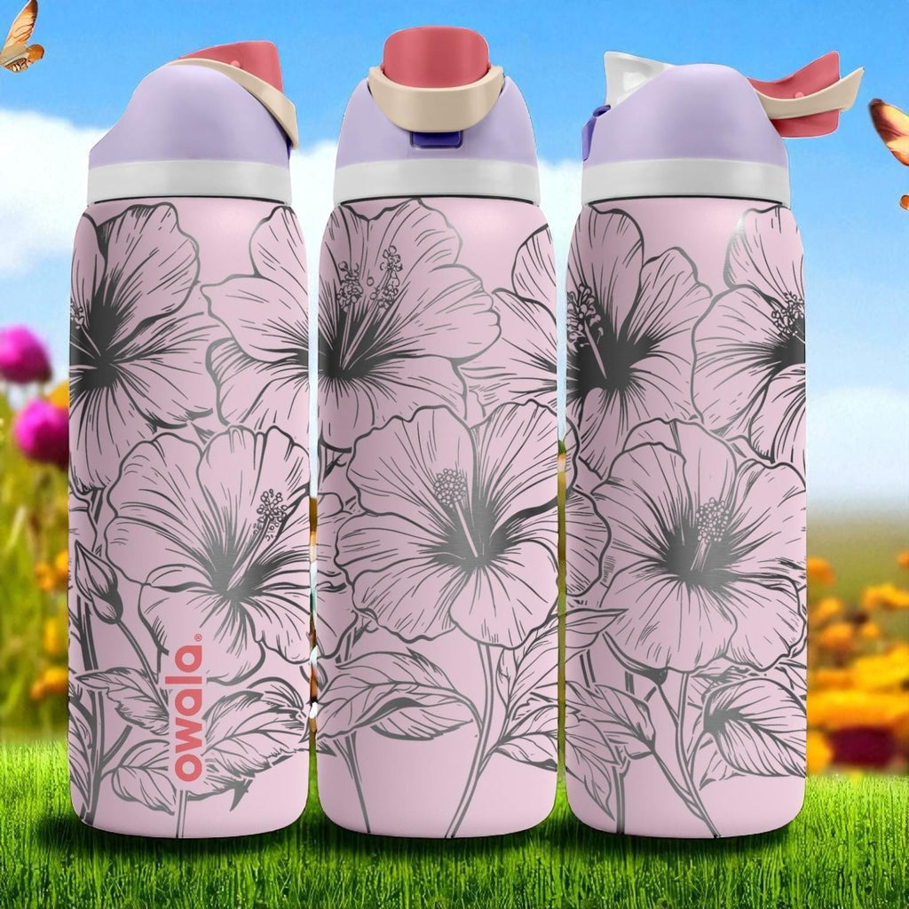 Hibiscus Flower Owala Tumbler – 16oz 24oz 32oz 40oz Engraved FreeSip Bottle – Pink Floral Gift for Her