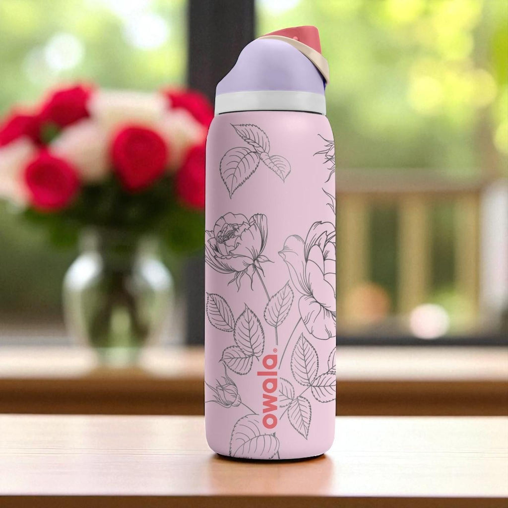 Elegant Rose Engraved Owala Tumbler – 16oz 24oz 32oz 40oz Floral Water Bottle – Romantic Gift for Her or Garden Lovers