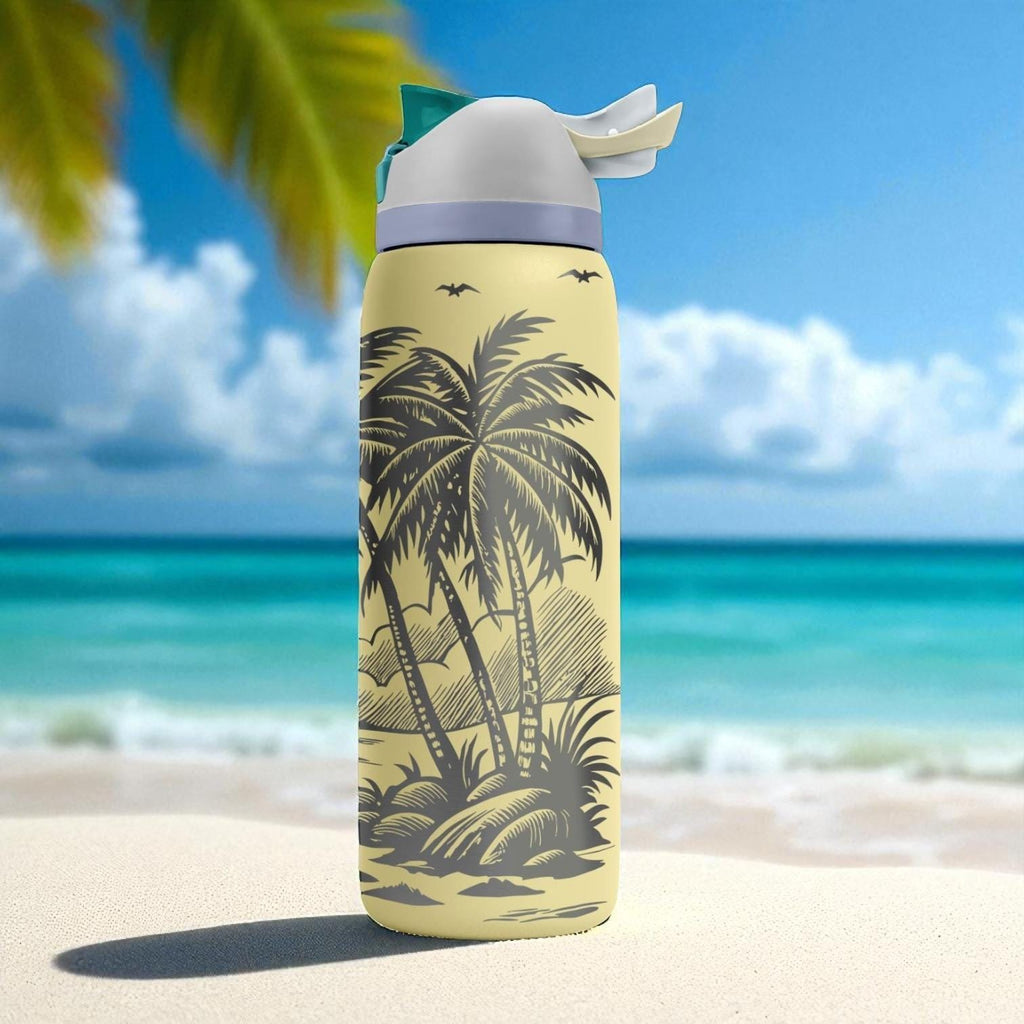 Tropical Island Engraved Owala Tumbler – Palm Trees Sunset Beach Scene – Summer Gift – 40oz 32oz 24oz Bottle