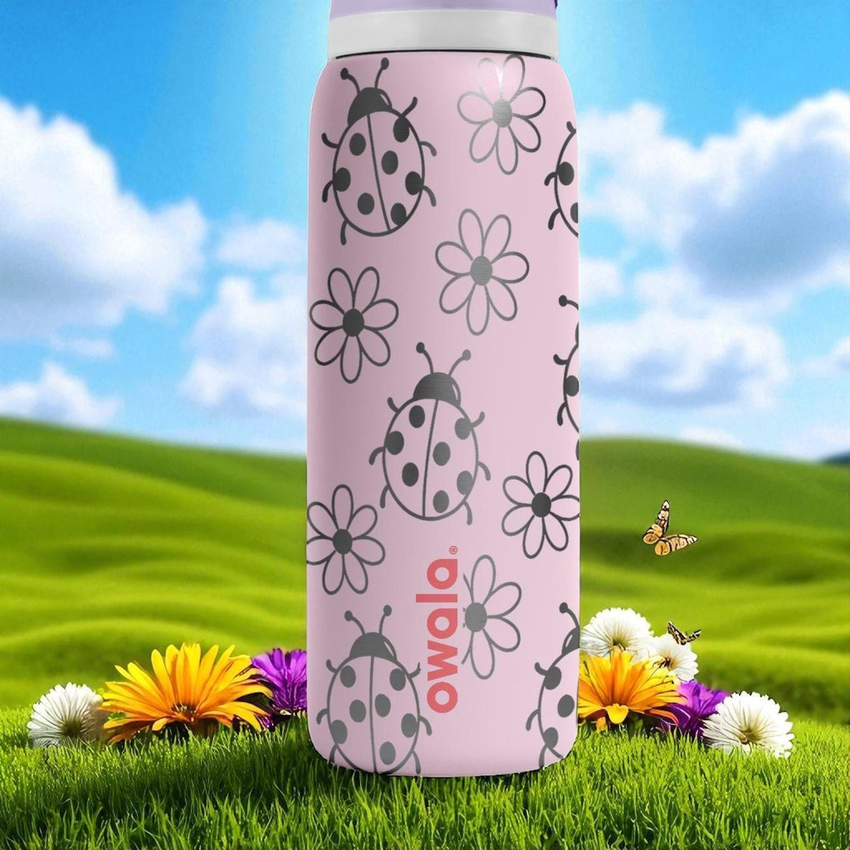 Engraved Ladybug Tumbler – Pink Owala Water Bottle with Flowers and Ladybugs – Cute Summer Cup – 16oz 24oz 32oz 40oz