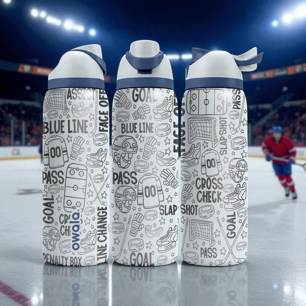 Hockey Engraved Owala Bottle – Slap Shot & Ice Rink Pattern – Player Coach Gift Stainless Cup 16oz 24oz 32oz 40oz  ⸻