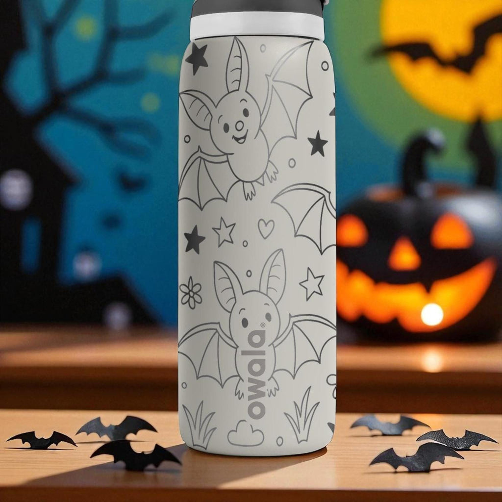 Engraved Bat Water Bottle – Cute Halloween Owala Tumbler with Stars and Flowers – 16oz 24oz 32oz 40oz Spooky Season Gift