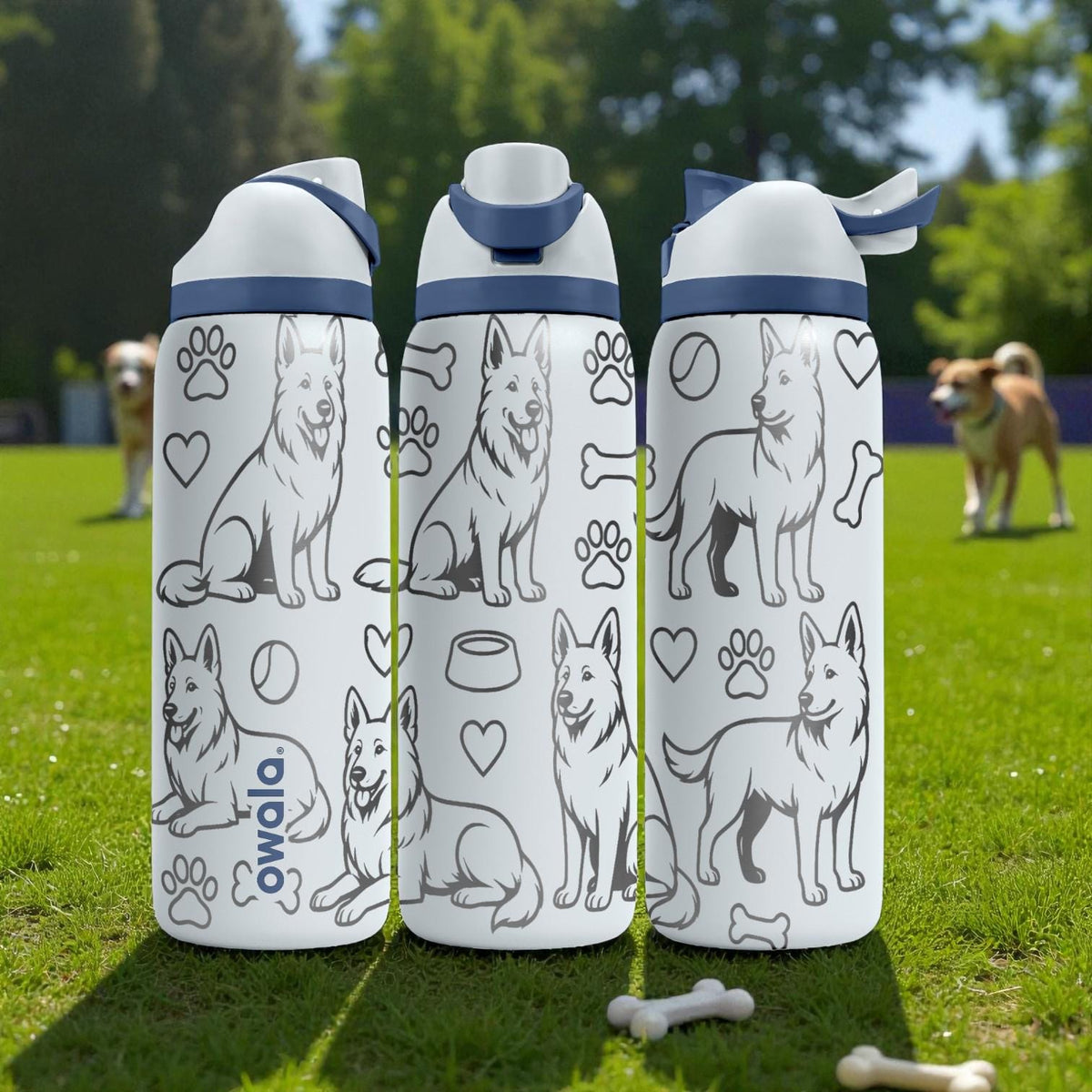 German Shepherd Engraved Owala Bottle – Dog Pattern with Paw Prints, Bones & Hearts – Pet Lover Gift Stainless Cup 16oz 24oz 32oz 40oz
