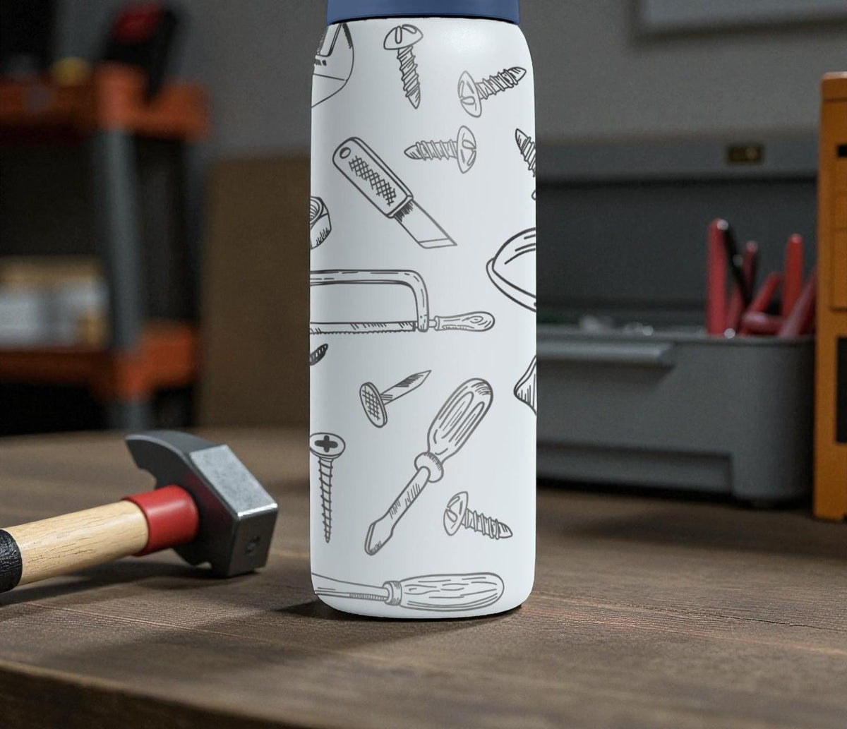 Handyman Tools Engraved Owala Bottle – Saw, Hammer, Drill, Screws & Hardware Pattern – Construction Gift Stainless Cup 16oz 24oz 32oz 40oz