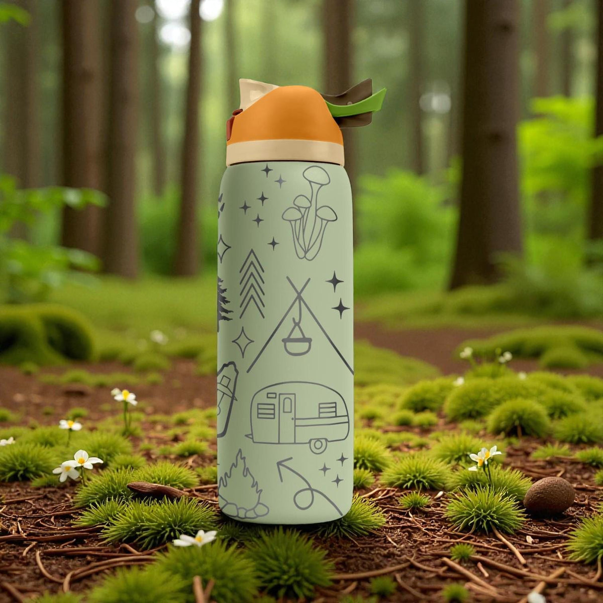 Camping Trailer Engraved Owala Bottle – Forest Trees, Backpack & Adventure Icons – Outdoor Camper Gift Stainless Cup 16oz 24oz 32oz 40oz  ⸻