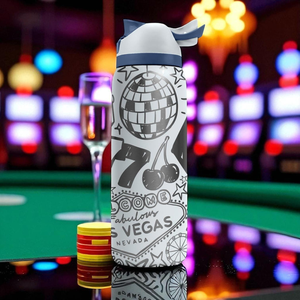 Engraved Vegas Tumbler – Owala Water Bottle with Casino Design – Dice and Slot Machine Art – 16oz 24oz 32oz 40oz