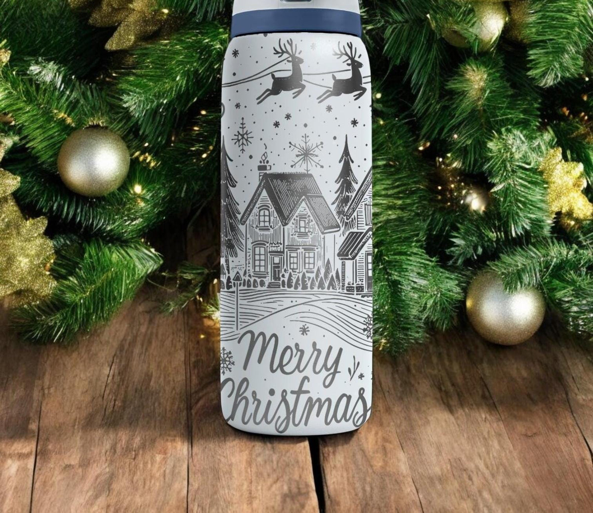 Merry Christmas Engraved Owala Bottle – Santa Sleigh Winter Village Design – Holiday Stainless Steel Cup 16oz 24oz 32oz 40oz