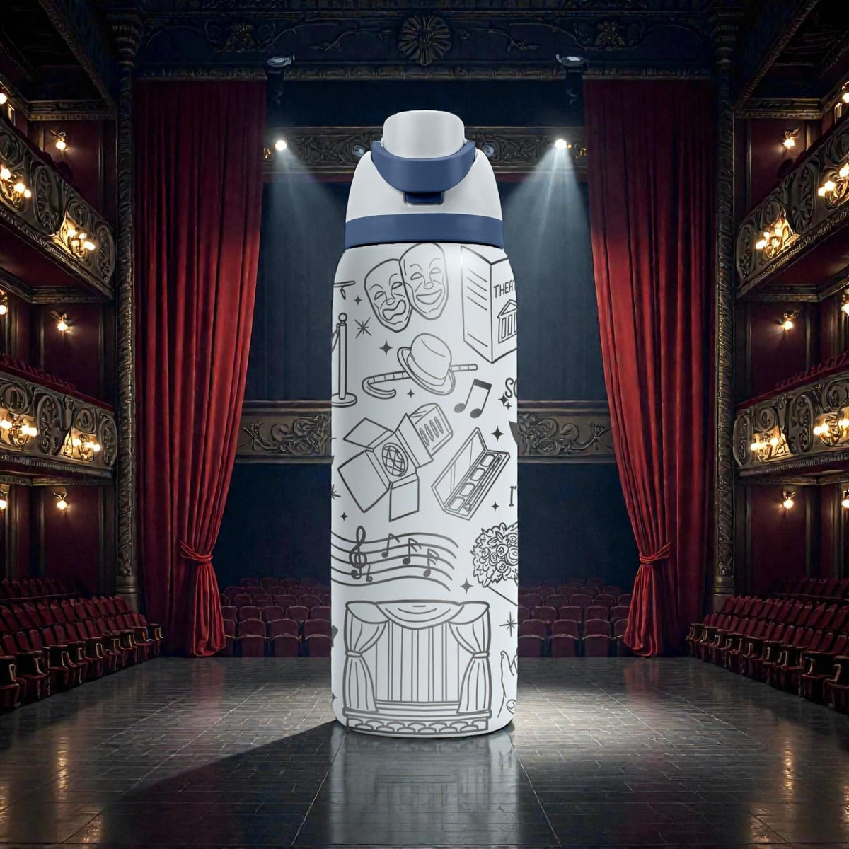 Theatre Engraved Owala Bottle – Drama Masks, Stage Props & Musical Icons – Performer Gift Stainless Cup 16oz 24oz 32oz 40oz  ⸻