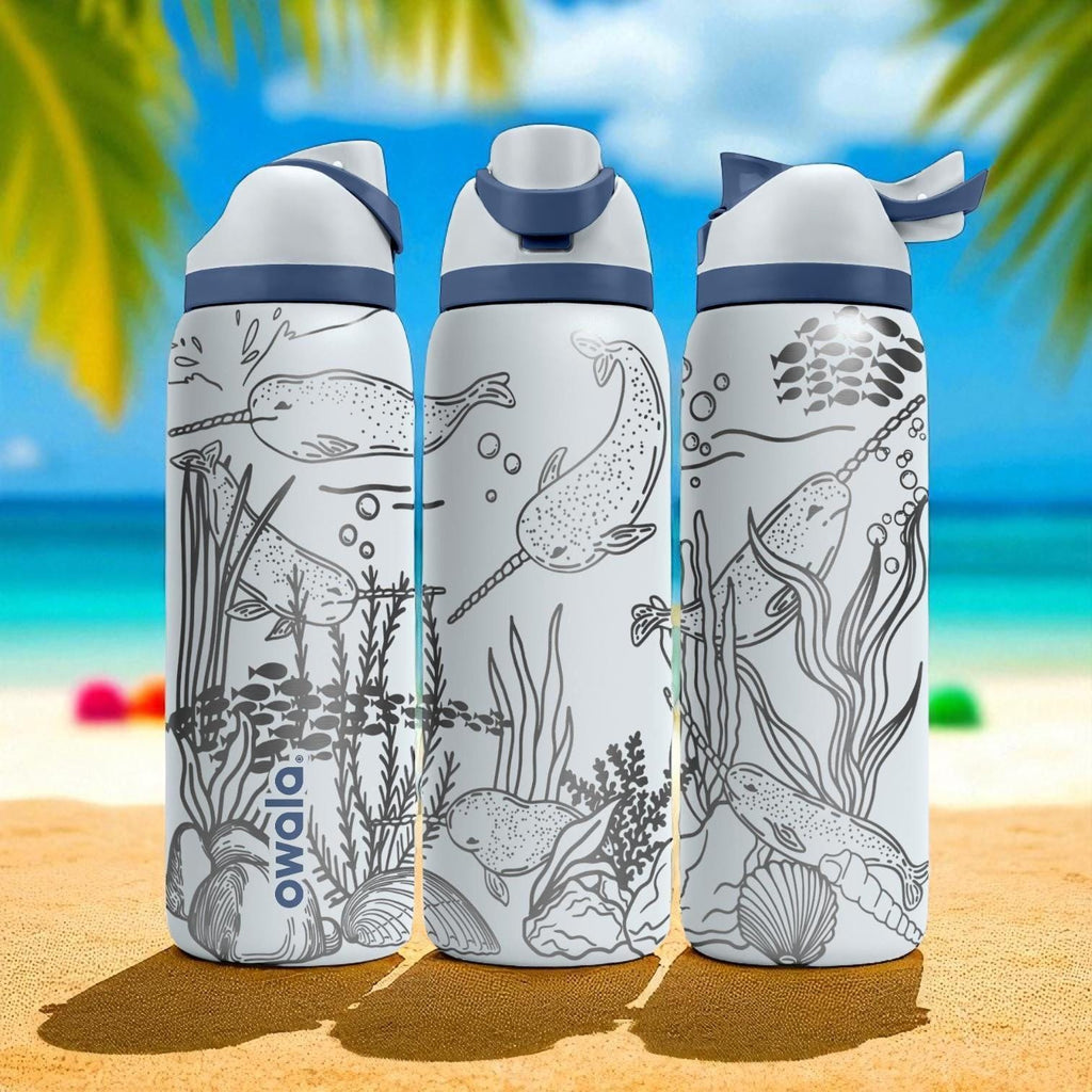 Narwhal Owala Bottle – 16oz 24oz 32oz 40oz Engraved Ocean Animal Water Bottle – Arctic Sea Life Cup – Gift for Kids and Ocean Lovers