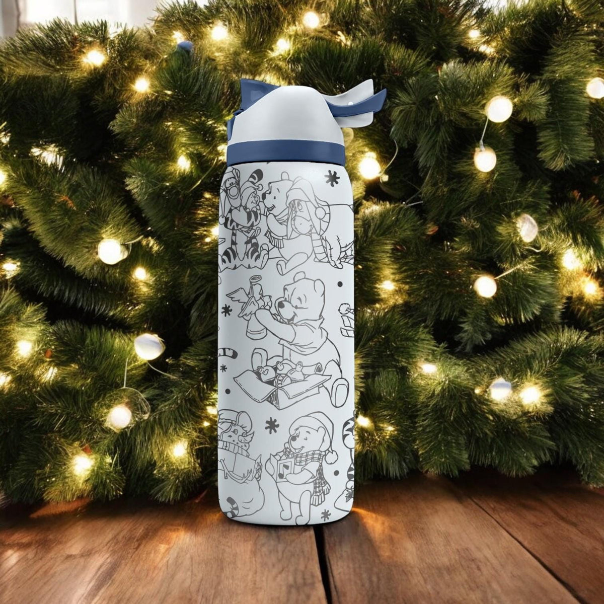 Christmas Engraved Owala Bottle – Cozy Winnie and Friends Winter Design – Cute Holiday Gift Stainless Cup 16oz 24oz 32oz 40oz