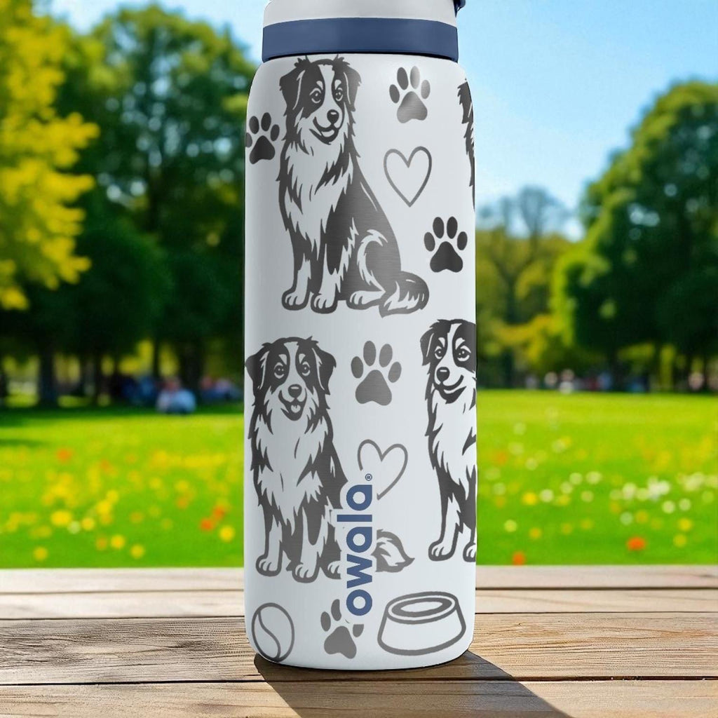Engraved Australian Shepherd Bottle – Cute Owala Tumbler with Dog, Paws, and Toys – 16oz 24oz 32oz 40oz Gift for Dog Lovers