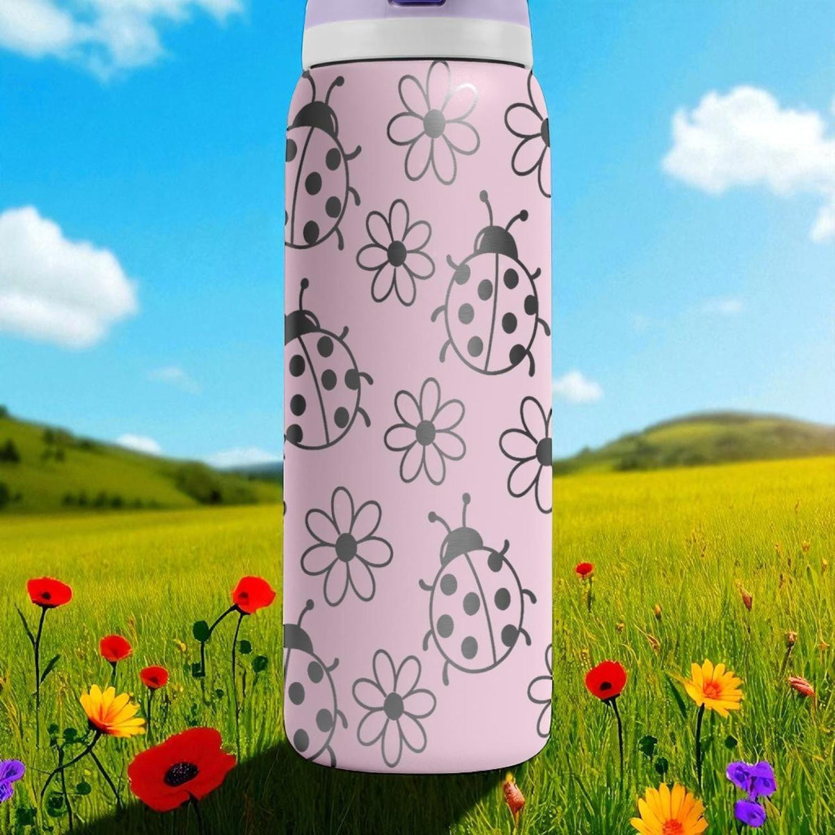 Engraved Ladybug Tumbler – Pink Owala Water Bottle with Flowers and Ladybugs – Cute Summer Cup – 16oz 24oz 32oz 40oz