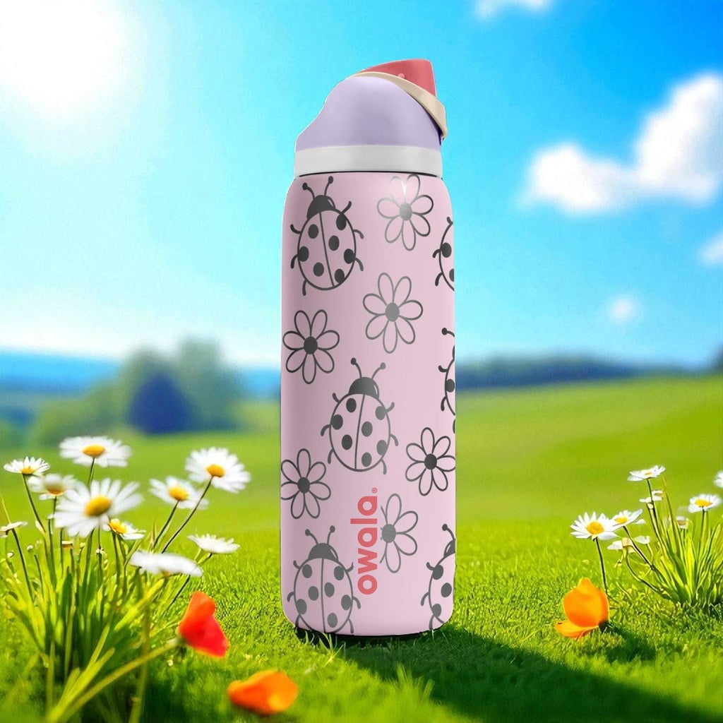Engraved Ladybug Tumbler – Pink Owala Water Bottle with Flowers and Ladybugs – Cute Summer Cup – 16oz 24oz 32oz 40oz