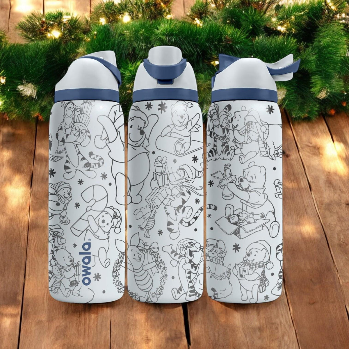Christmas Engraved Owala Bottle – Cozy Winnie and Friends Winter Design – Cute Holiday Gift Stainless Cup 16oz 24oz 32oz 40oz
