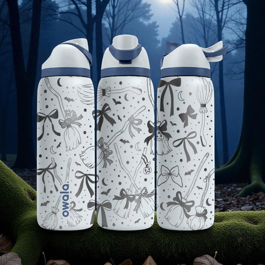 Engraved Witch Broom Owala Bottle – Magical Brooms & Bows Pattern – Halloween Witchy Stainless Cup 16oz 24oz 32oz 40oz  ⸻