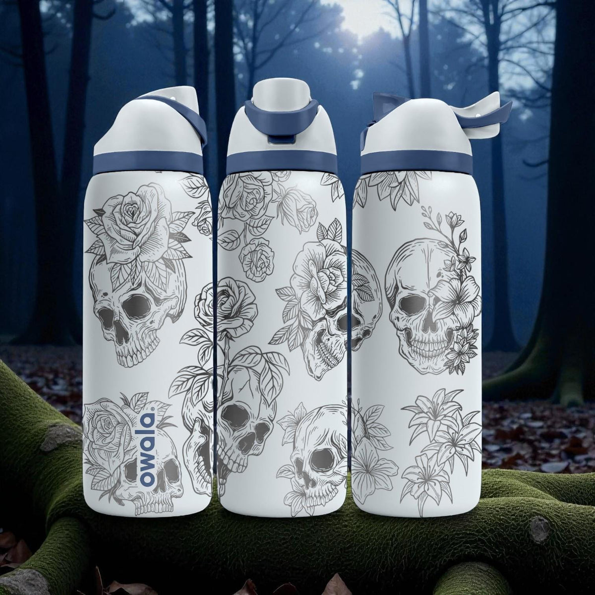 Floral Skull Engraved Owala Bottle – Gothic Rose & Skull Art – Dark Aesthetic Stainless Cup 16oz 24oz 32oz 40oz  ⸻