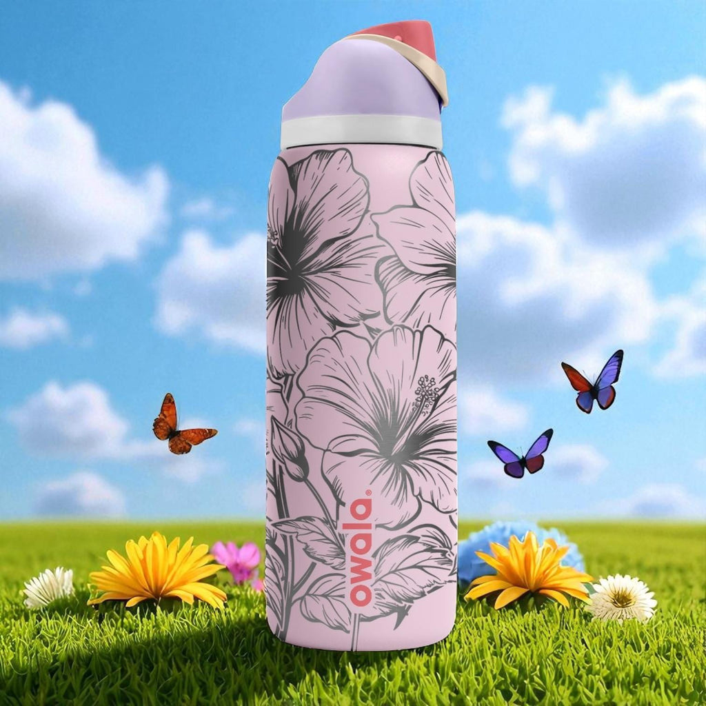 Hibiscus Flower Owala Tumbler – 16oz 24oz 32oz 40oz Engraved FreeSip Bottle – Pink Floral Gift for Her