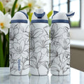 Engraved Lily Tumbler – Elegant Floral Owala Bottle – White Water Bottle with Laser Flower Design – 16oz 24oz 32oz 40oz