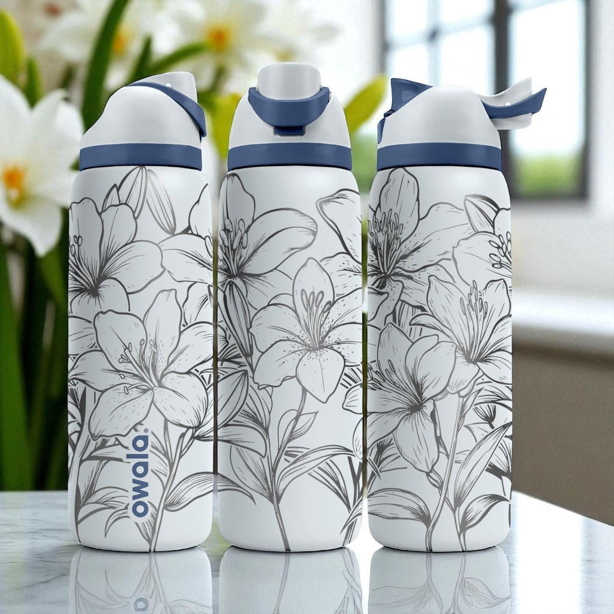 Engraved Lily Tumbler – Elegant Floral Owala Bottle – White Water Bottle with Laser Flower Design – 16oz 24oz 32oz 40oz