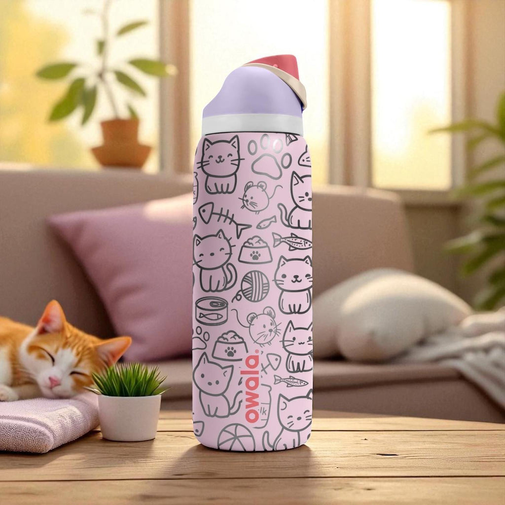 Engraved Cat Tumbler – Cute Pink Owala Bottle with Kawaii Kitty Design – Laser Engraved Cup for Cat Lovers – 16oz 24oz 32oz 40oz