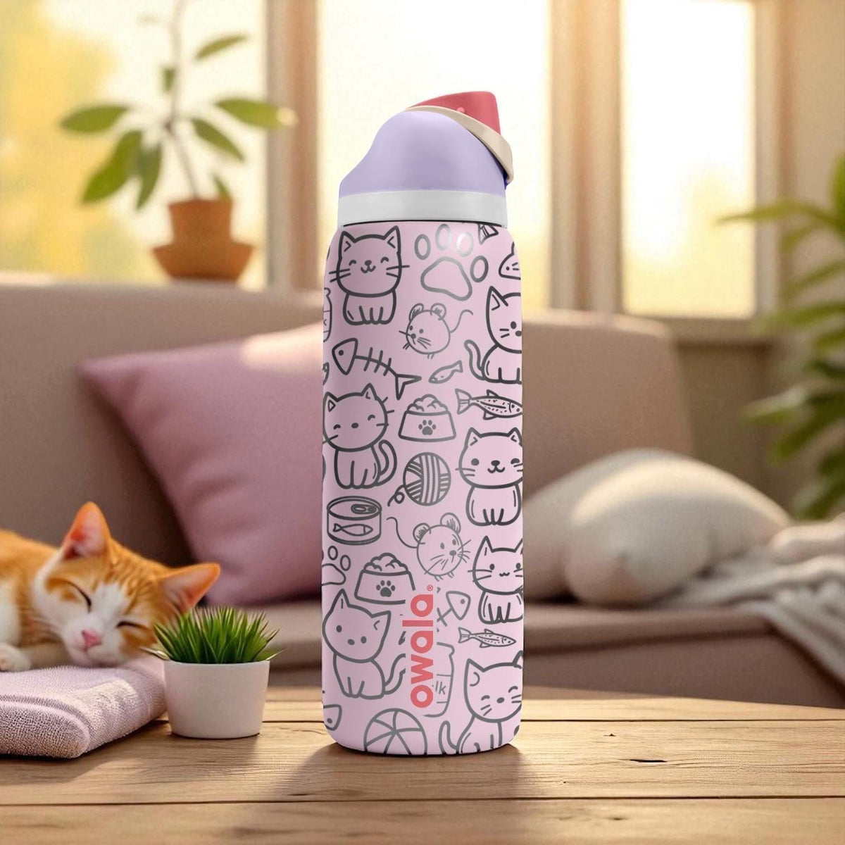 Engraved Cat Tumbler – Cute Pink Owala Bottle with Kawaii Kitty Design – Laser Engraved Cup for Cat Lovers – 16oz 24oz 32oz 40oz