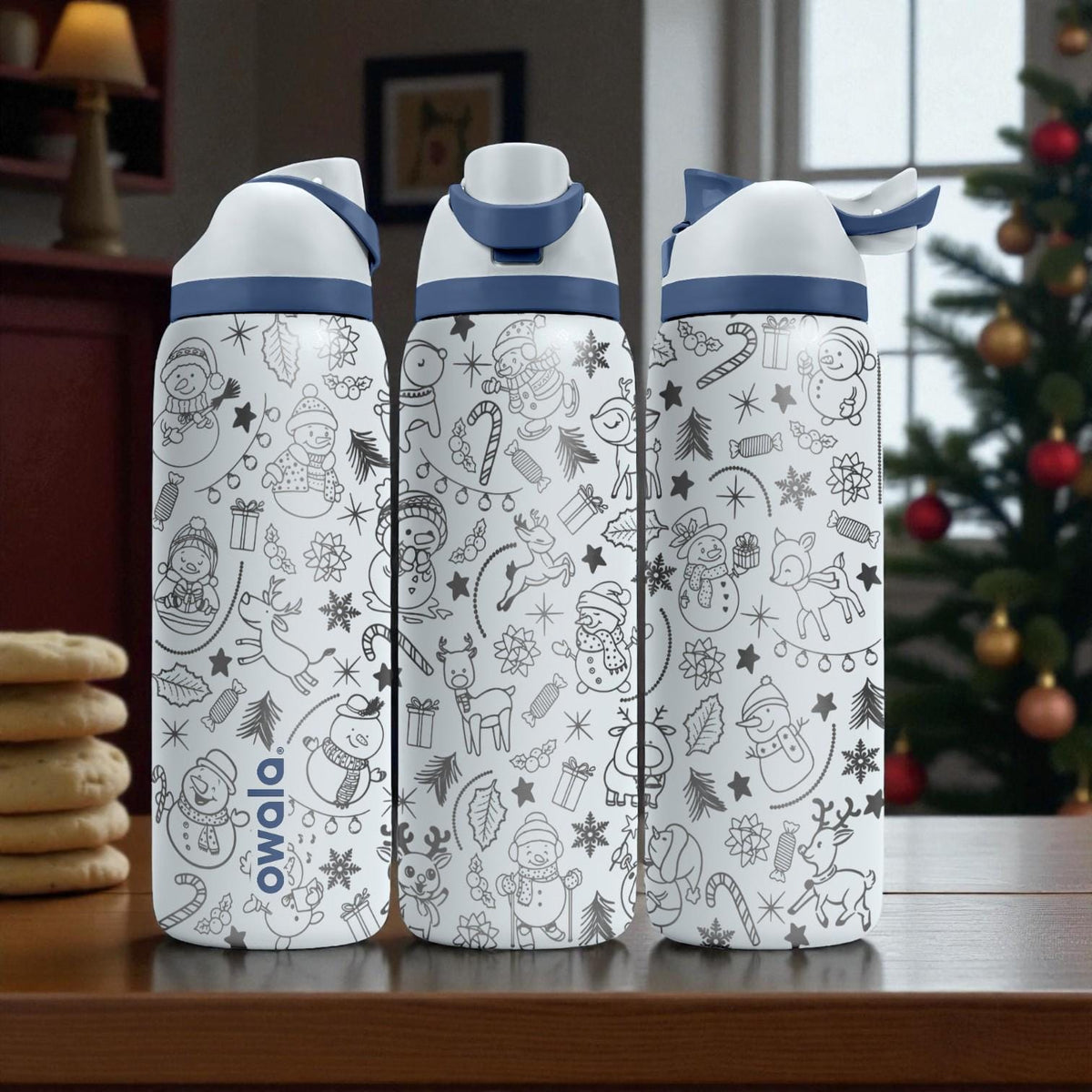 Engraved Christmas Owala Bottle – Cute Holiday Doodle Pattern with Snowmen, Reindeer & Gifts – Festive Stainless Cup 16oz 24oz 32oz 40oz  ⸻