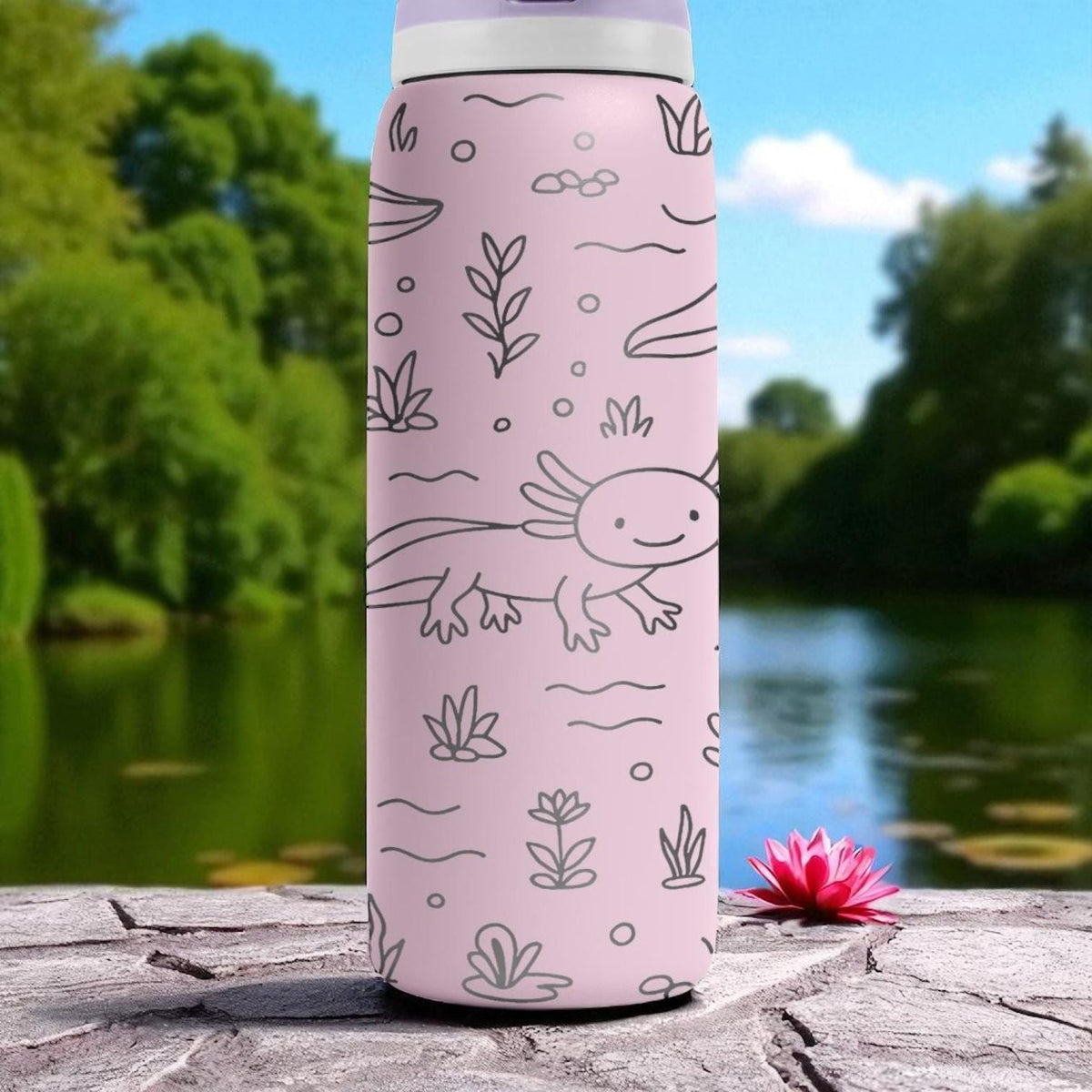 Engraved Axolotl Owala Bottle – Cute Pink Underwater Tumbler with Plants and Bubbles – 16oz 24oz 32oz 40oz