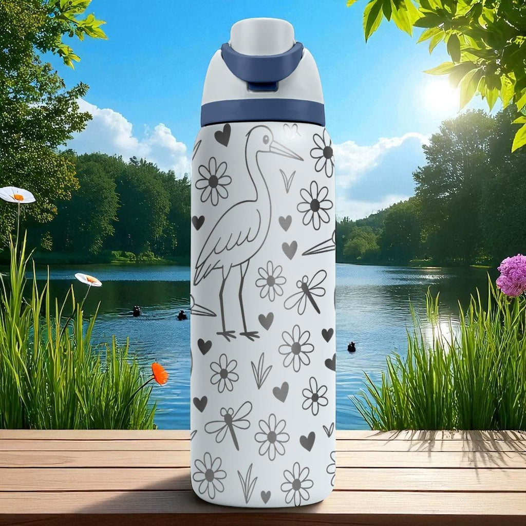 Engraved Heron Water Bottle – Elegant Owala Tumbler with Flowers and Dragonflies – 16oz 24oz 32oz 40oz Nature Lover Gift