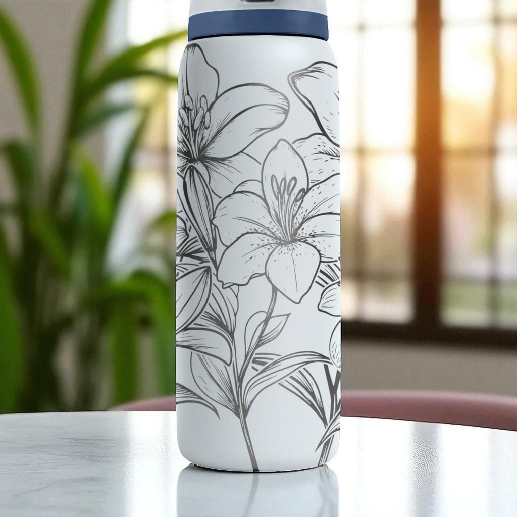 Engraved Lily Tumbler – Elegant Floral Owala Bottle – White Water Bottle with Laser Flower Design – 16oz 24oz 32oz 40oz