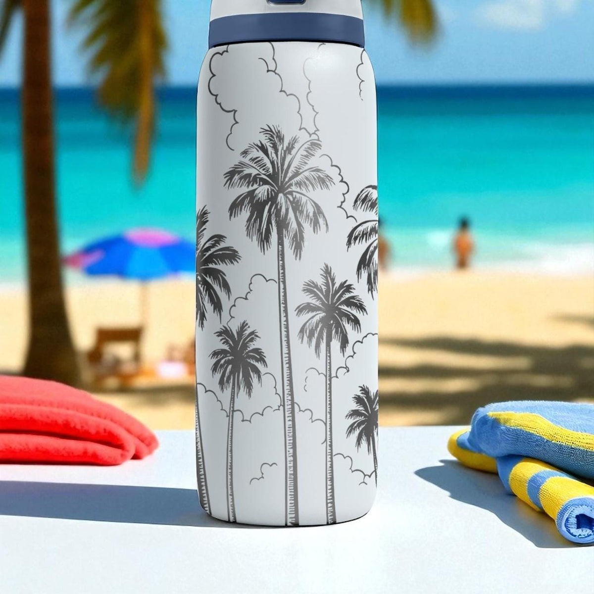 Engraved Palm Tree Tumbler – Owala Water Bottle with Tropical Clouds Design – 16oz 24oz 32oz 40oz