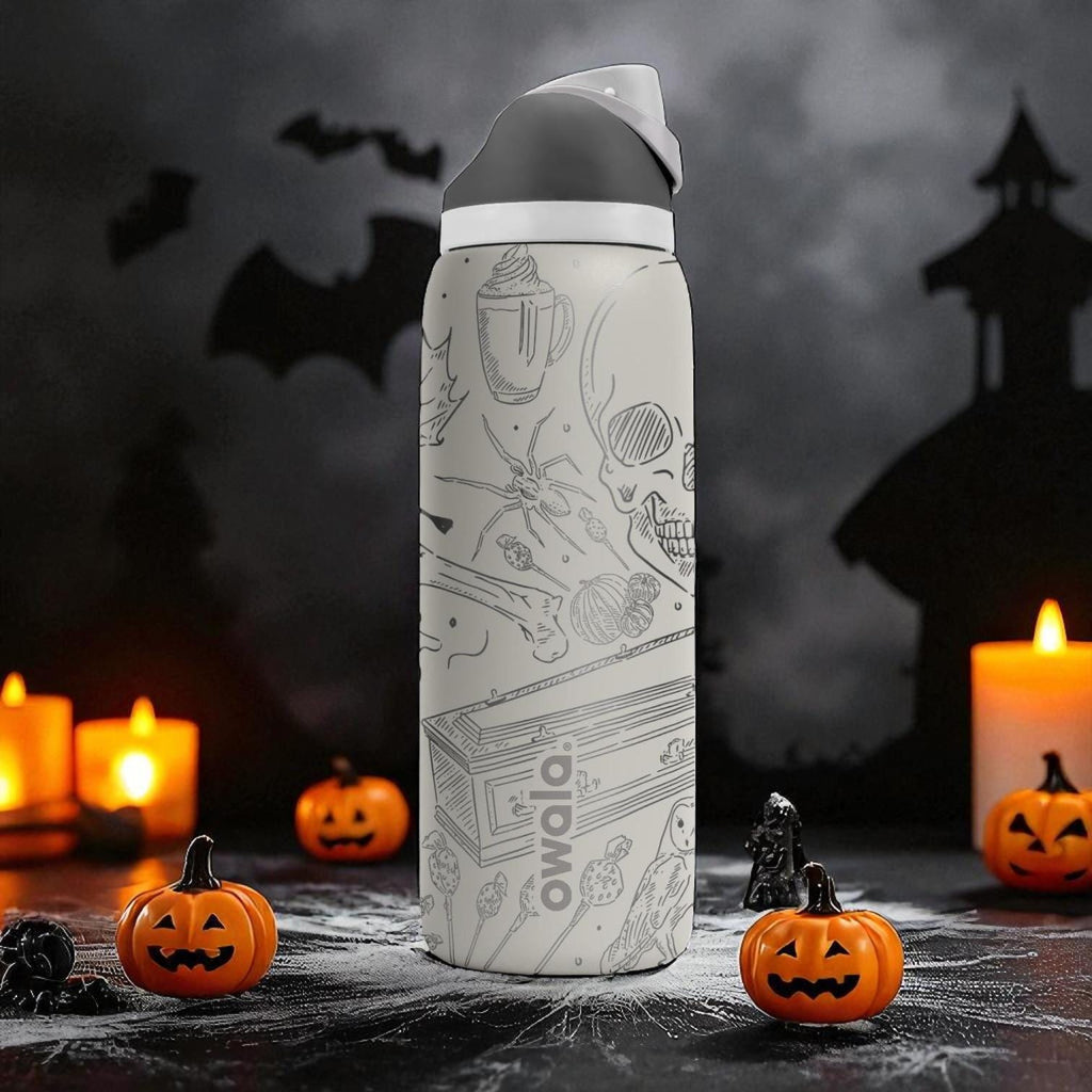 Engraved Halloween Tumbler – Owala Bottle with Spooky Skull and Pumpkin Design – Laser Engraved – 40oz 32oz 24oz 16oz