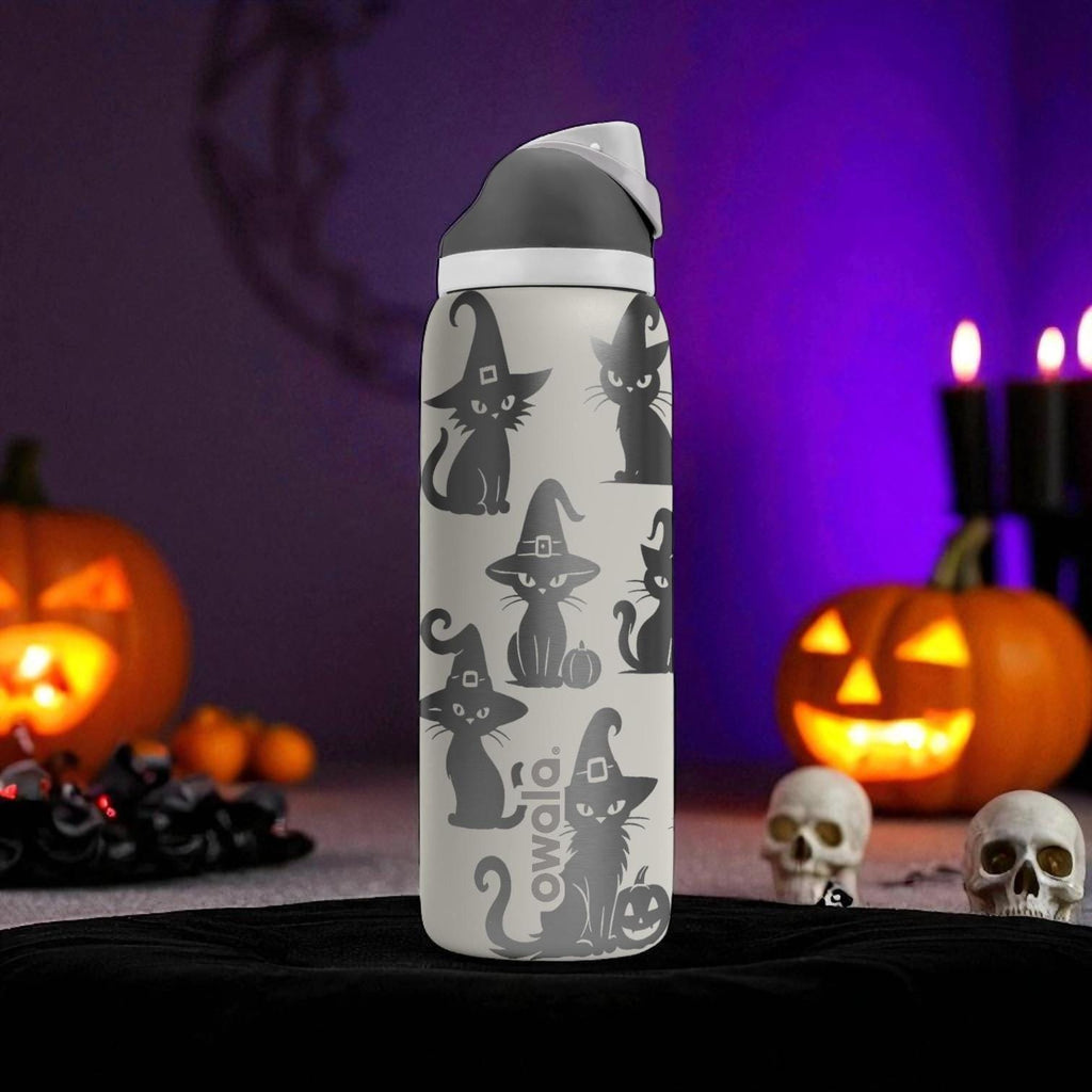 Halloween Cat Owala Bottle – Laser Engraved Black Witch Cat Water Bottle – Spooky Custom Gift for Kids and Cat Lovers 16oz 24oz 32oz 40oz