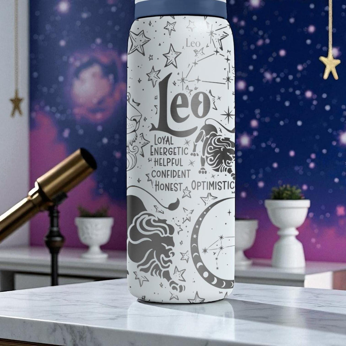 Leo Zodiac Owala Bottle – 16oz 24oz 32oz 40oz Engraved Star Sign Cup – Astrology Lion Gift for Her or Him – Bold Fire Sign Bottle