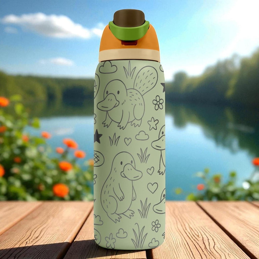 Engraved Platypus Water Bottle – Cute Owala Tumbler with Flowers and Stars – 16oz 24oz 32oz 40oz Gift for Animal and Nature Lovers