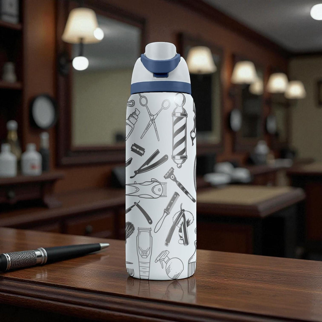 Barber Tools Engraved Owala Bottle – Barber Shop Pattern – Hair Stylist Gift – Stainless Steel Cup 16oz 24oz 32oz 40oz  ⸻