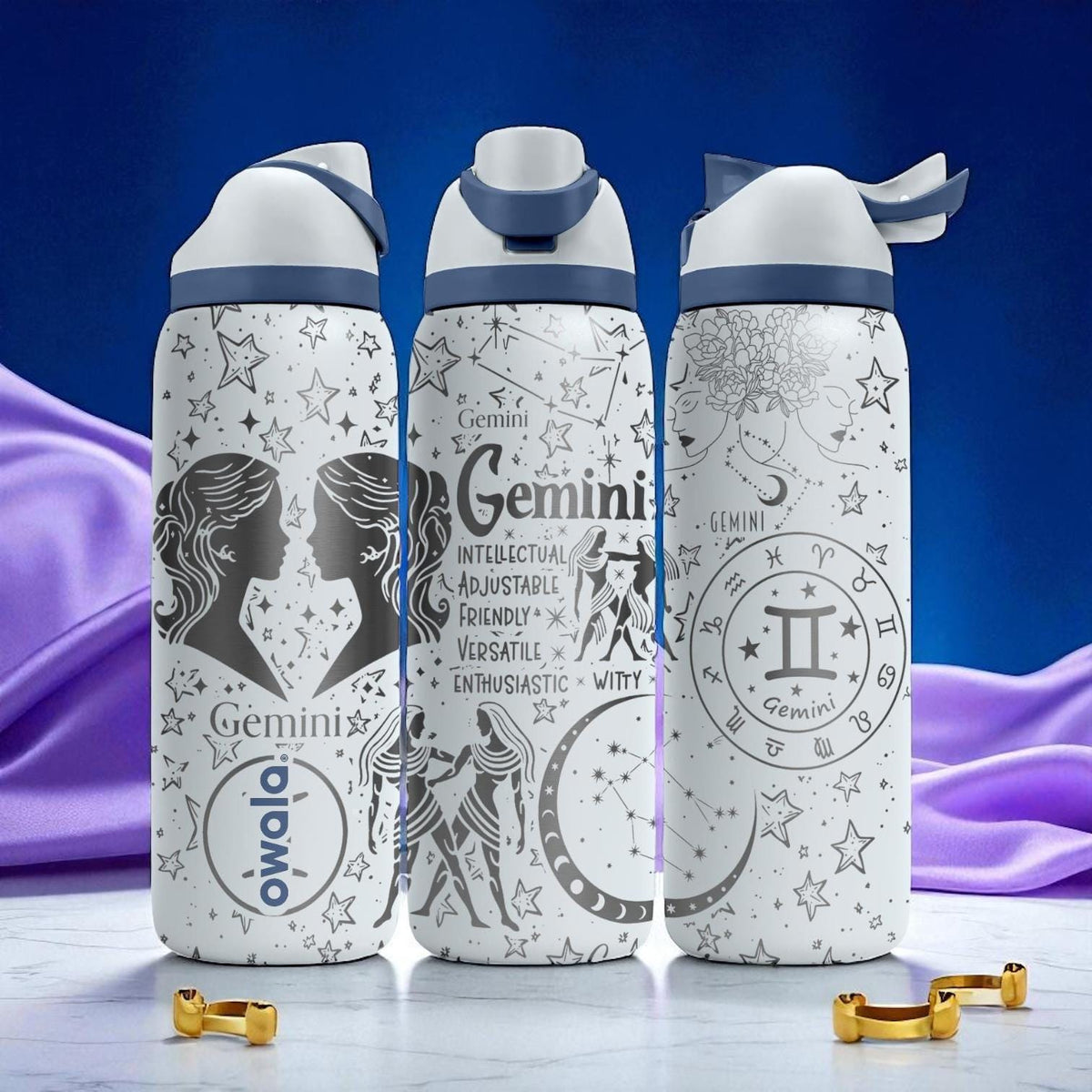 Gemini Zodiac Owala Bottle – 16oz 24oz 32oz 40oz Engraved Air Sign Cup – Astrology Twins Gift – Birthday Water Bottle for Her or Him