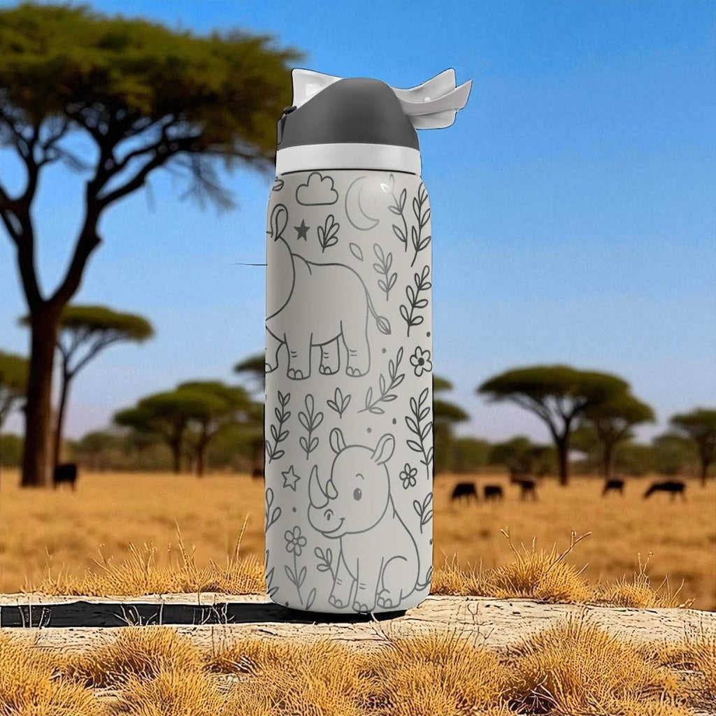 Cute Rhino Owala Bottle – 16oz 24oz 32oz 40oz Engraved Safari Cup – Jungle Animal Gift – Wildlife Tumbler for Kids Boys Girls