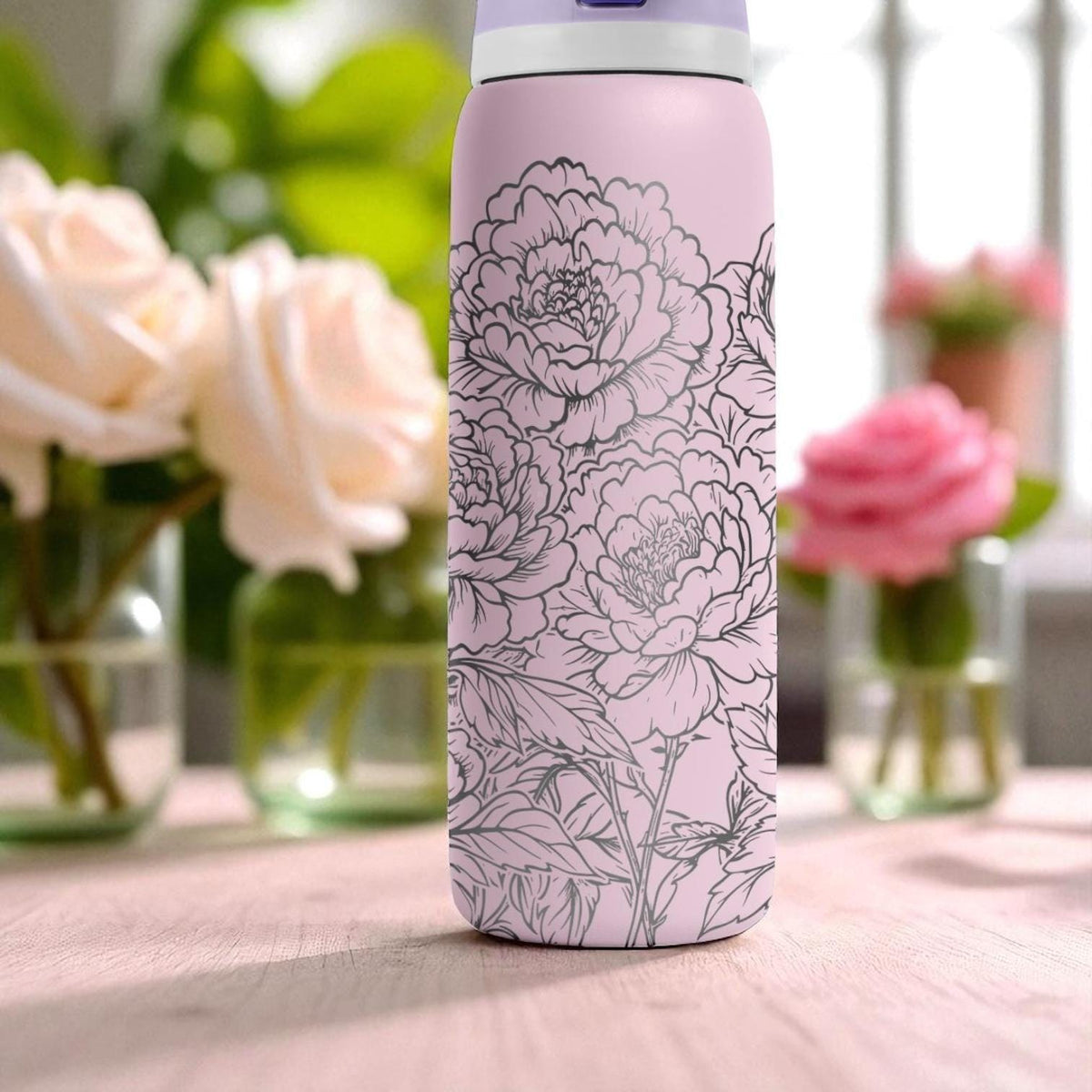 Peony Flower Engraved Owala Tumbler – 16oz 24oz 32oz 40oz Pink Floral Cup – Elegant Gift for Her – Aesthetic Stainless Steel Bottle