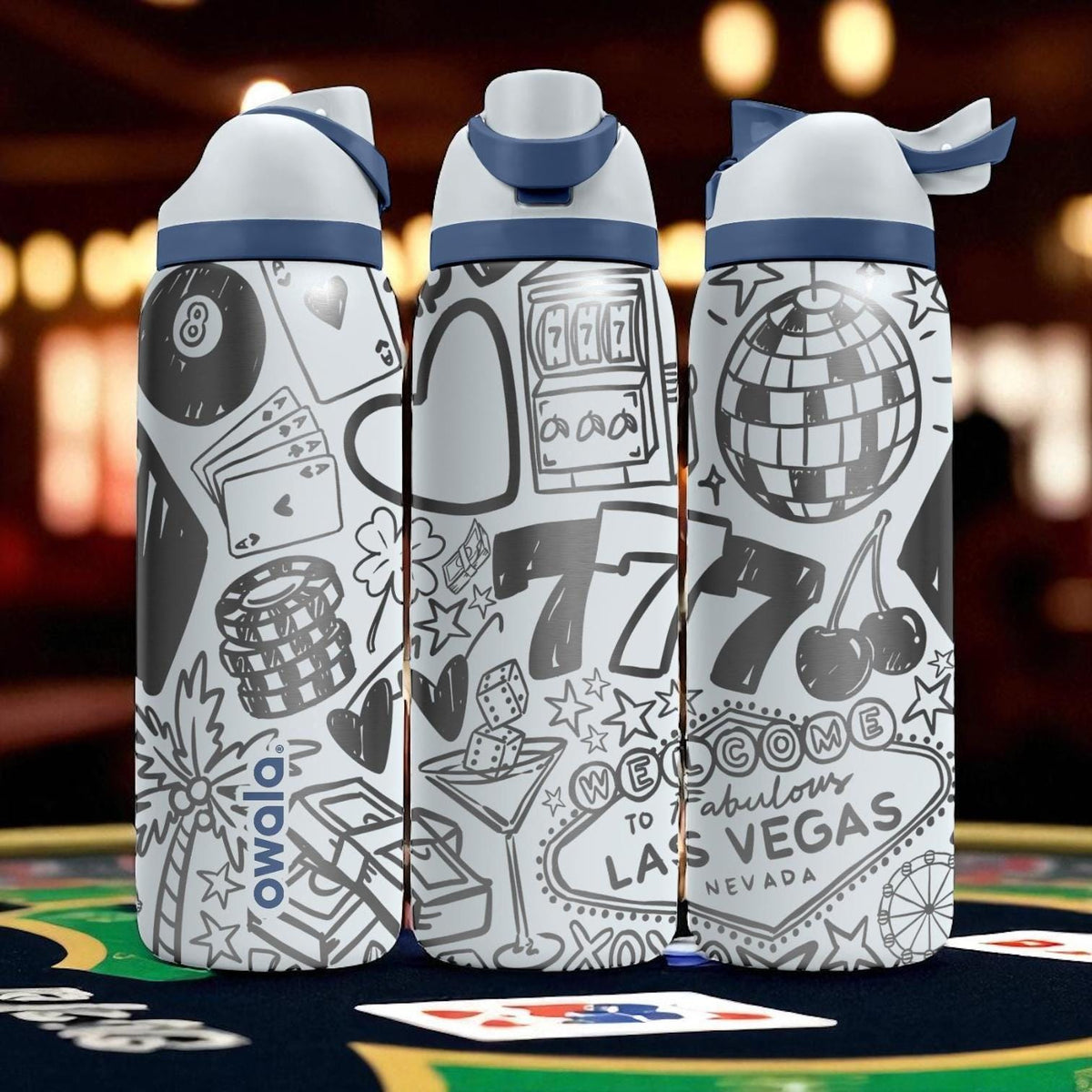 Engraved Vegas Tumbler – Owala Water Bottle with Casino Design – Dice and Slot Machine Art – 16oz 24oz 32oz 40oz