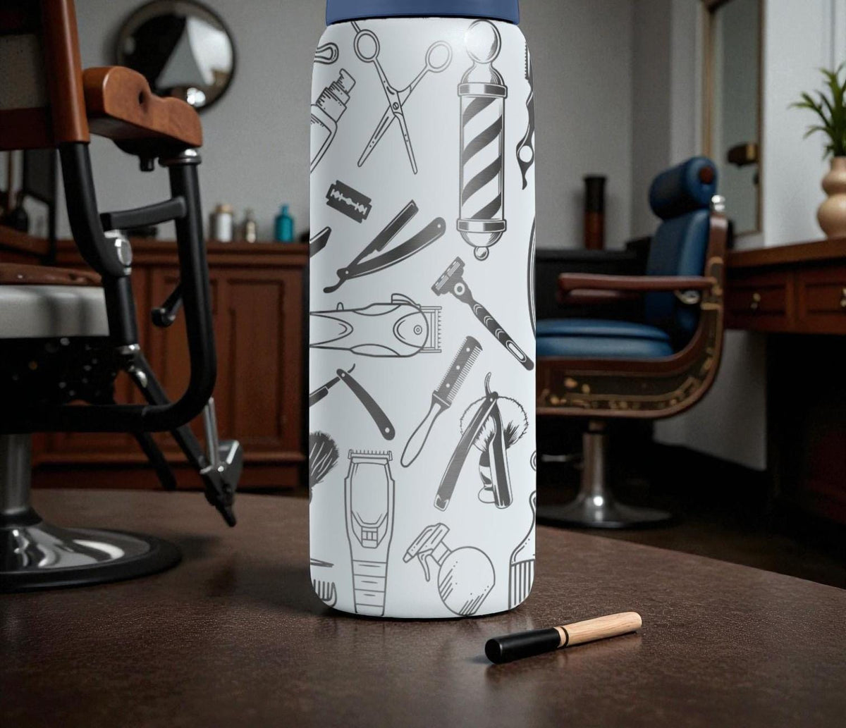Barber Tools Engraved Owala Bottle – Barber Shop Pattern – Hair Stylist Gift – Stainless Steel Cup 16oz 24oz 32oz 40oz  ⸻