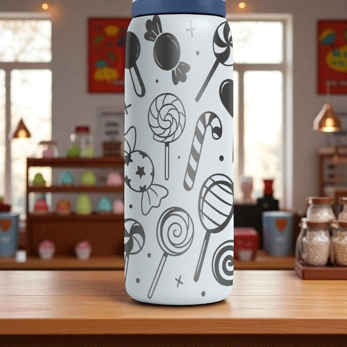 Owala Candy Pattern Tumbler – 16oz 24oz 32oz 40oz – Engraved Sweet Treats Water Bottle – Cute Gift for Candy Lovers and Kids